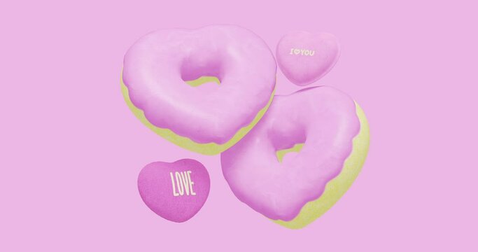 Minimal motion design. 3d creative pink glazed heart donuts with text love in pink abstract space. Donuts lover, Sweet, candy,party shop, birthday party, valentines day, greatings concept 4k video