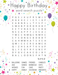 Happy Birthday word search puzzle. Educational game for kids.  Crossword suitable for social media post. Сolorful worksheet for learning English words. 