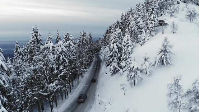 Aerial of cars driving in winter paradise in Italy. Surrounded by snow and trees. Slow motion