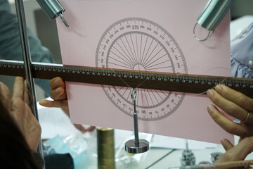 A physics experiment on equilibrium of three forces, Use weights to counterweight, angles measured...