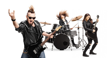 Fototapeta na wymiar Punk rock band with female drummer and male and female guitarists