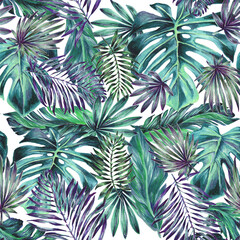 Seamless tropical leaf pattern. Watercolour botanical illustration. Beautiful pattern of monstera leaves, banana and palm trees. For decoration and decoration of fabric, paper and other design.