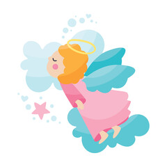 Cute vector baby angel character with wings, cloud, heart, star. Nursery art, valentine's day