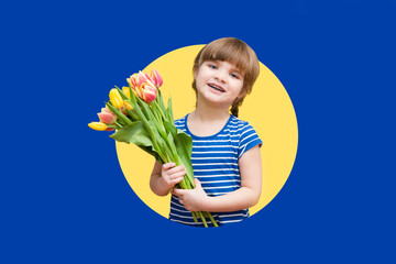 smiling child girl with spring flower tulips bouquet looking at camera isolated on yellow background.  Copy space. Mother's Day, Easter