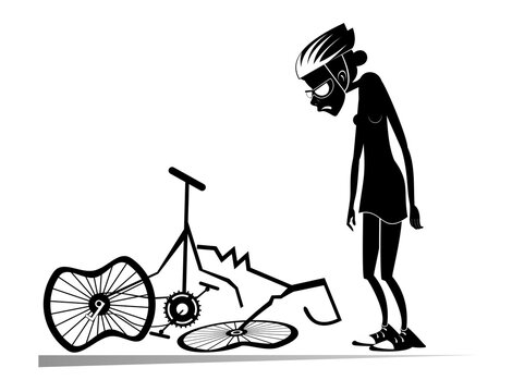 Cyclist woman and a broken bike isolated illustration. Sad woman standing near a broken bike with downcast head and hands black on white
