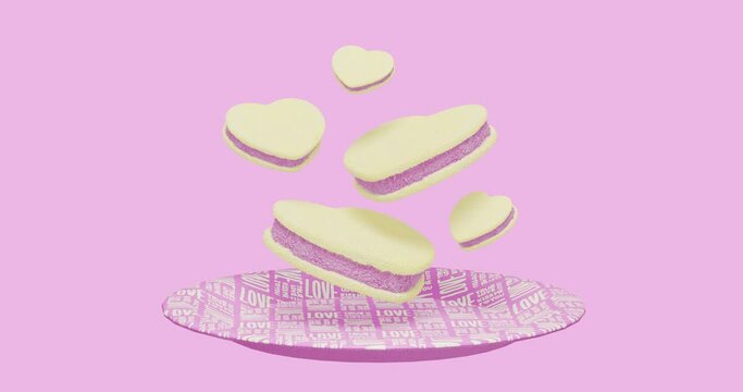 Minimal motion design. 3d creative pink cookies heart at plate in pink abstract space. Sweet, candy,party shop, party, valentines day,