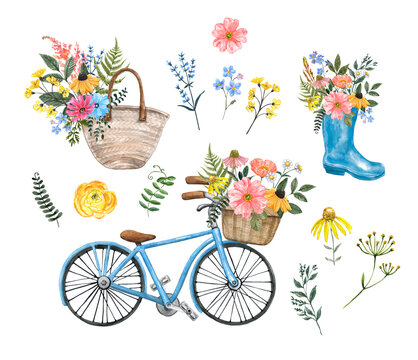 Summer watercolor illustrations set. Colorful wildflowers, herbs, vintage blue bicycle with basket, rain boot with floral bouquet, isolated on white background. Shabby chic country style painting.