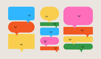 Abstract speech bubbles. Cartoon colorful geometric shapes cute emoji faces, message comic icons. Vector illustration