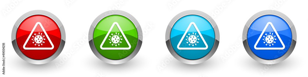 Poster coronavirus triangle warning sign, covid-19 caution silver metallic glossy icons, set of modern desi