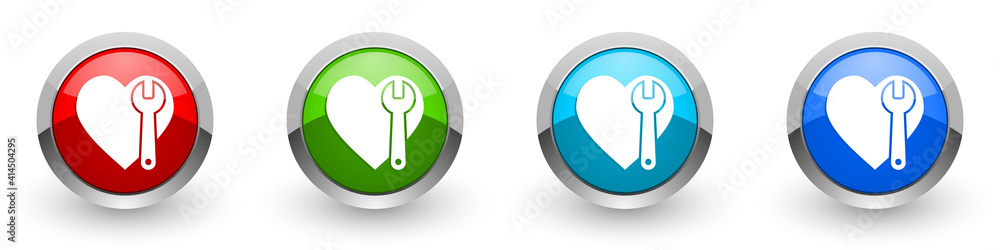 Poster Wrench and heart silver metallic glossy icons, set of modern design buttons for web, internet and mobile applications in four colors options isolated on white background