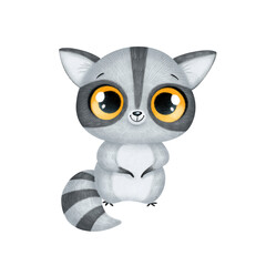 Illustration of cute cartoon animals. Raccoon isolated on white background