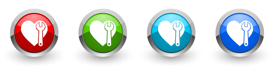Wrench and heart silver metallic glossy icons, set of modern design buttons for web, internet and mobile applications in four colors options isolated on white background