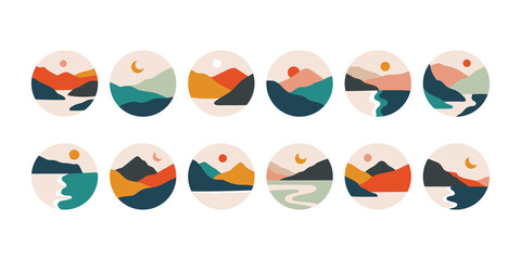 Abstract mountain landscape highlight covers. Nature minimalistic round shapes for social media. Vector illustration