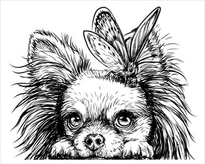 Chihuahua dog with a butterfly. Wall sticker. Graphic, black-and-white, sketch portrait of a Chihuahua dog on a white background. Digital drawing