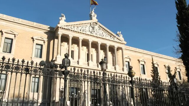 View of National Library of Spain. Madrid. Tracking shot in Slow motion