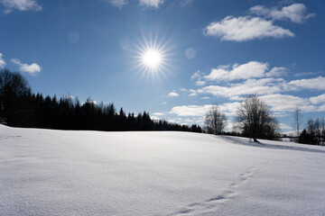 White snowy Latvian landscape in winter where you can see a large field