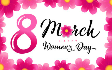 March 8, Happy Women's Day elegant congrats. Lovely cute pink frame, white background, digit 8 in brushing style, calligraphic text. Isolated abstract graphic design template. Decorative bright symbol