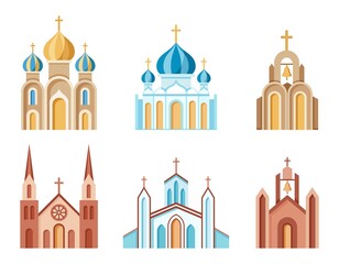 Fototapeta premium Cathedrals and churches set of colorful icons. Religious architectural buildings. Christian symbol. Collection of Catholic, Orthodox and Protestant churches. Isolated. Vector illustration