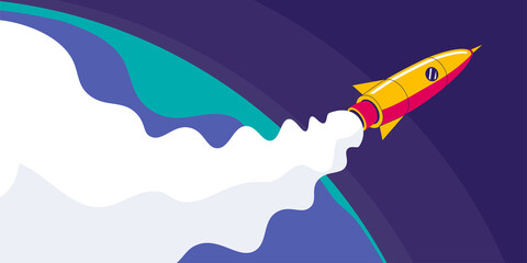 Rocket flying in space with planet in background. Modern illustration in flat design style.