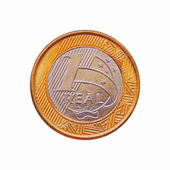 Single one Brazilian real coin isolated on white background