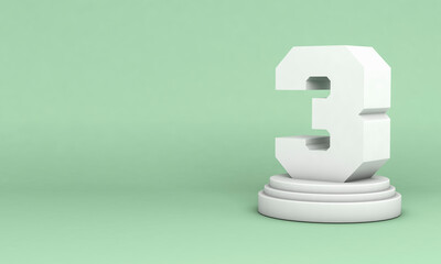 3D illustration. White number 3 on round pedestal isolated on green background