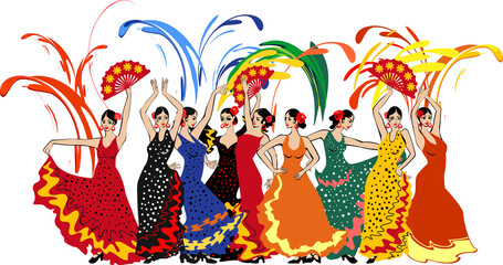 Group of flamenco dancers in colorful traditional spanish dresses and colorful fireworks isolated on white background - obrazy, fototapety, plakaty