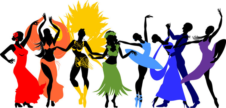 Various style dancing. Group of silhouettes of dancers of ballet, flamenco, oriental dance, hula, samba, waltz and contemporary isolated on white background