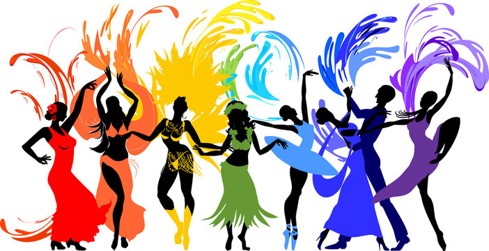 Various style dancing. Group of silhouettes of dancers of ballet, flamenco, oriental dance, hula, samba, waltz, contemporary and colorful fireworks isolated on white background