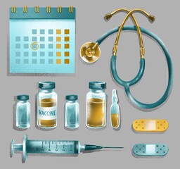 Medical icons with stethoscope, plaster, ampoule vaccine, syringe for injection, vial of medicine for COVID-19, vaccination calendar. Trendy colors. 3d realistic illustration. brochures, web, poster