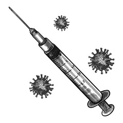Coronavirus disease 2019 (COVID-19). Syringe and virus cells engraving illustration vintage style black and white clipart isolated on white background. Stop virus. Vaccination