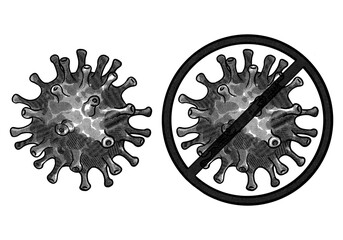 Coronavirus disease 2019 (COVID-19). Coronavirus cells engraving illustration vintage style black and white clipart isolated on white background. Stop virus set. Vaccination.