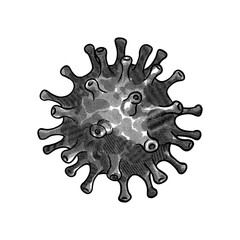 Coronavirus disease 2019 (COVID-19). Coronavirus cells engraving illustration vintage style black and white clipart isolated on white background. Stop virus. Vaccination. 