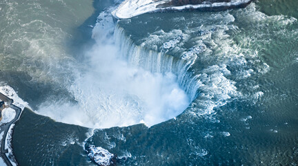 Aerial views of Niagara falls in winter