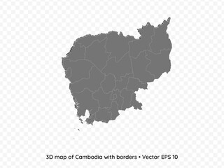 3D map of Cambodia with borders isolated on transparent background, vector eps illustration