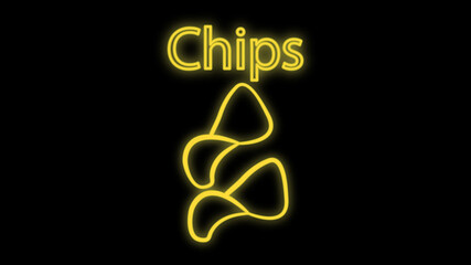 Chips packet neon sign. Glowing illustration of green packet with potato chips on dark blue brick background. Can be used for store, shops, supermarkets, advertisement