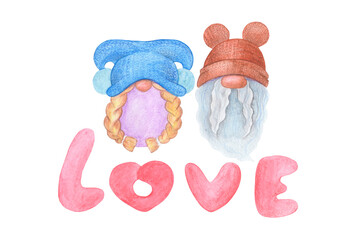 Girl and boy - gnomes. Dwarves. The illustration is made with watercolor pencils. Isolated image