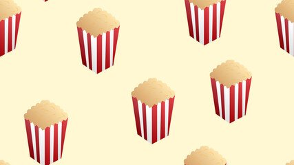 Pop corn boxes and corn explosion parts seamless pattern isolated on white background. Movie background. Entertainment weekend texture. Popcorn in a red striped bucket box. Pop corn kernels