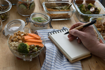 Man hand writing a menu in the middle of a batch cooking scene.