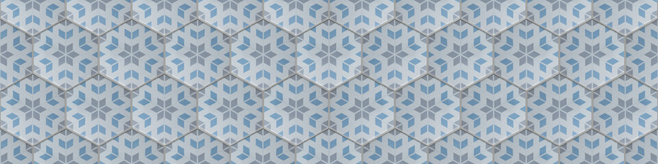 Grunge seamless blue white hexagonal hexagon masaic tile mirror texture with damask leaves flower...
