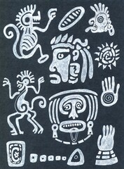 Maya and Aztec symbols.ancient mexican people,monkeys,masks. Native American Indian tattoo design. White Monochrome linear drawing isolated on black.primitive rock painting.hand drawn ancient warrior.