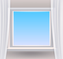 Window, view on blue sky, spring, interior, curtains. Vector illustration template realistic banner