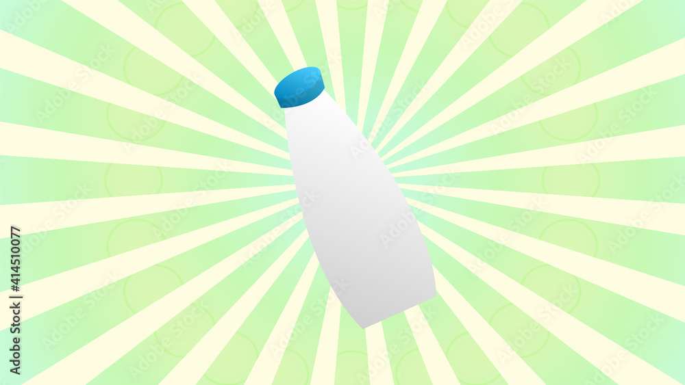 Poster milk bottle sign. dark red icon in lemon chiffon shutter bubble at red popart background with rays