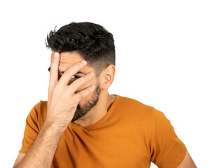 Portrait of young man looking scared.