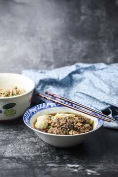 Thai boat noodles is Thailand's most famous noodles soup,Thai Boat noodles soup or Guay tiew reua ,Rice noodles thicken soup with stewed pork and pork ball, Braised pork and liver pork, 