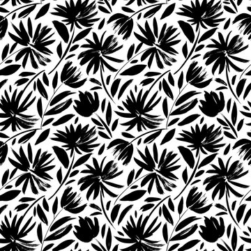 Black aster vector seamless pattern. Hand drawn silhouettes of spring chrysanthemum flowers. Dry brush style floral motives. Black paint illustration with branches and leaves. Monochrome print
