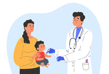 Male doctor makes a vaccine to a child. Concept illustration for immunity health. Woman with baby in hospital. Doctor in a medical gown and gloves. Flat illustration isolated on white background. 