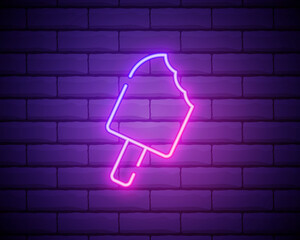 Ice cream neon sign. Dessert in waffle cone on brick wall background. Night bright advertisement. Vector illustration in neon style for cafe or candy shop