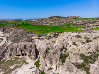 Aerial view to the byzantine ancient rocks in Phrygian valley or Frig vadisi in province of Eskisehir and Afyon in Turkey