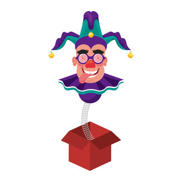 clown wearing joker hat and mask in surprise box fools day accessory