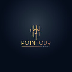 Tour company logos created from gold effect navigation and airplane vector design